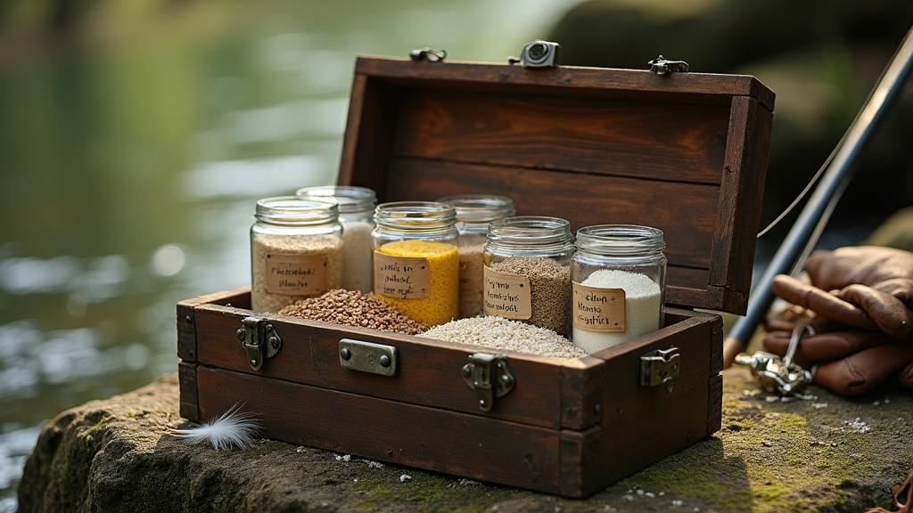 Mélange de farines pour amorce de pêche sur une surface en bois rustique