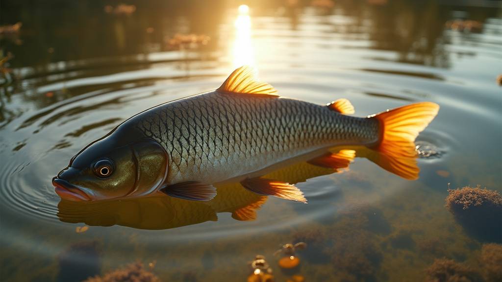 Belle carpe commune tenue en photo avant remise à l'eau, berge de l'étang en arrière-plan