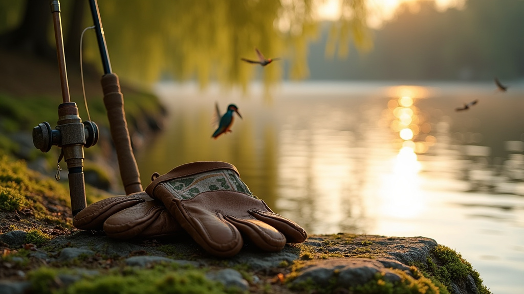 Pêcheur tenant sa carte de pêche sur les berges d'un lac ensoleillé