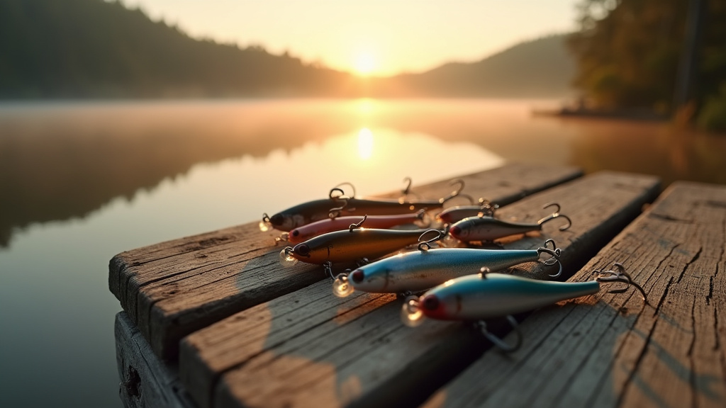 Pêcheur tenant une sélection de leurres de différentes catégories
