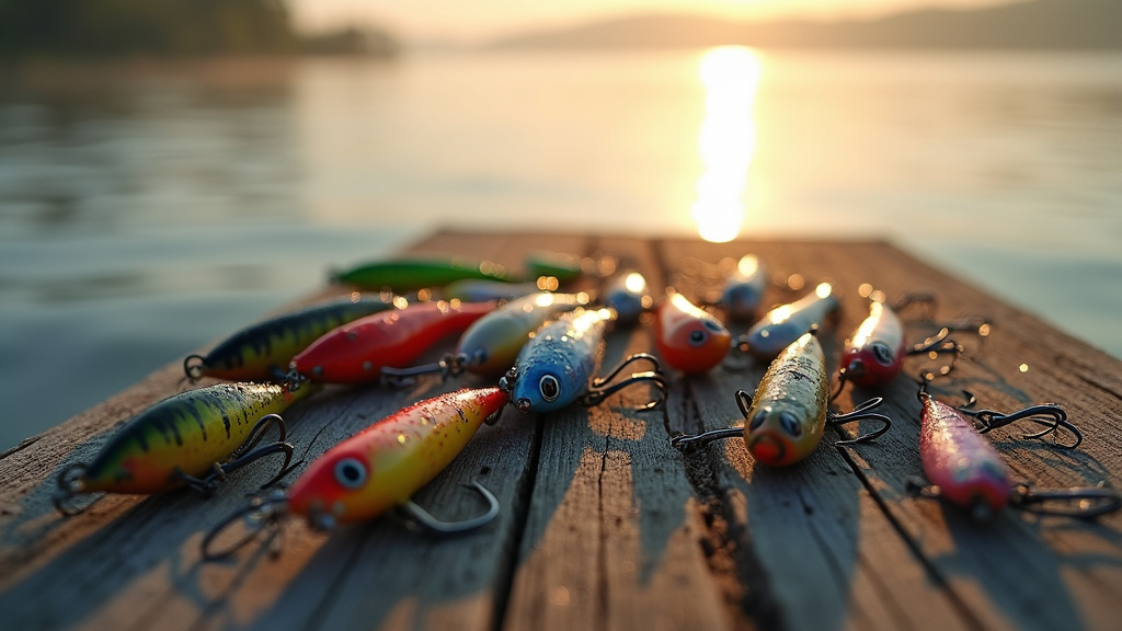 Collection de leurres de pêche de différentes tailles et couleurs sur un fond naturel
