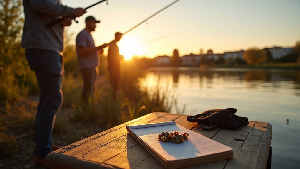 Vue aérienne de l'étang de l'Olivier lors du concours de pêche, pêcheurs installés autour du plan d'eau