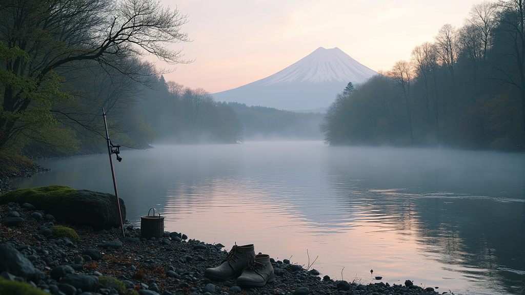 Pêcheur japonais en train de pêcher à la mouche dans une rivière de montagne