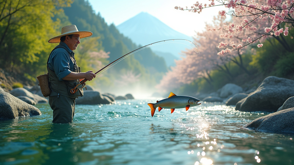 Paysage de rivière japonaise avec montagnes en arrière-plan, une personne pêchant à la mouche