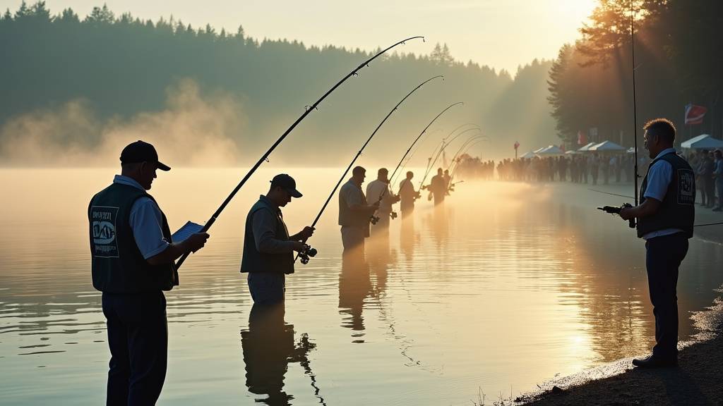 Pêcheurs en compétition sur un plan d'eau, cannes levées, ambiance festive