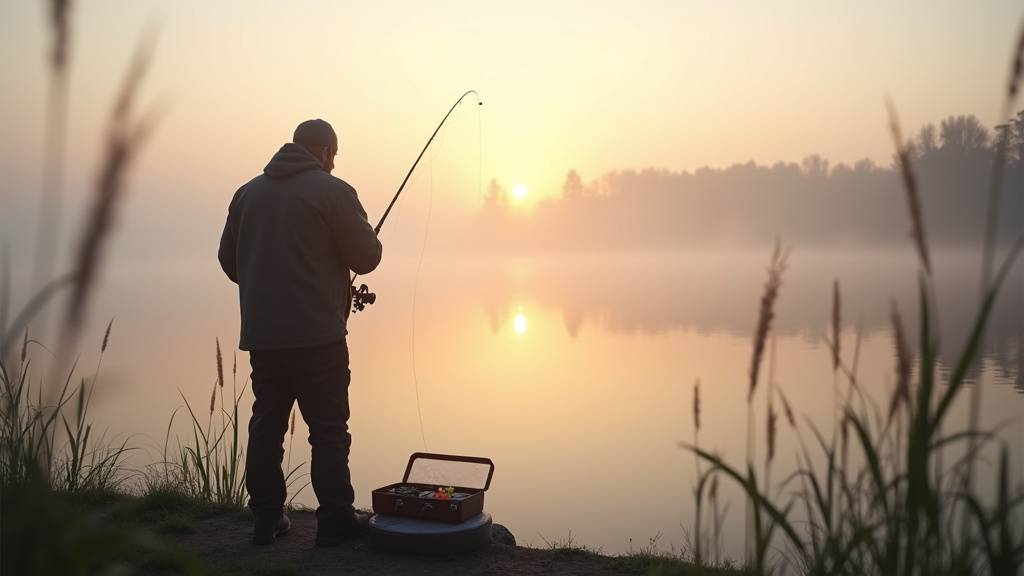 Étang recouvert de brouillard matinal au lever du soleil, reflets dorés sur l'eau calme, début de session carpe