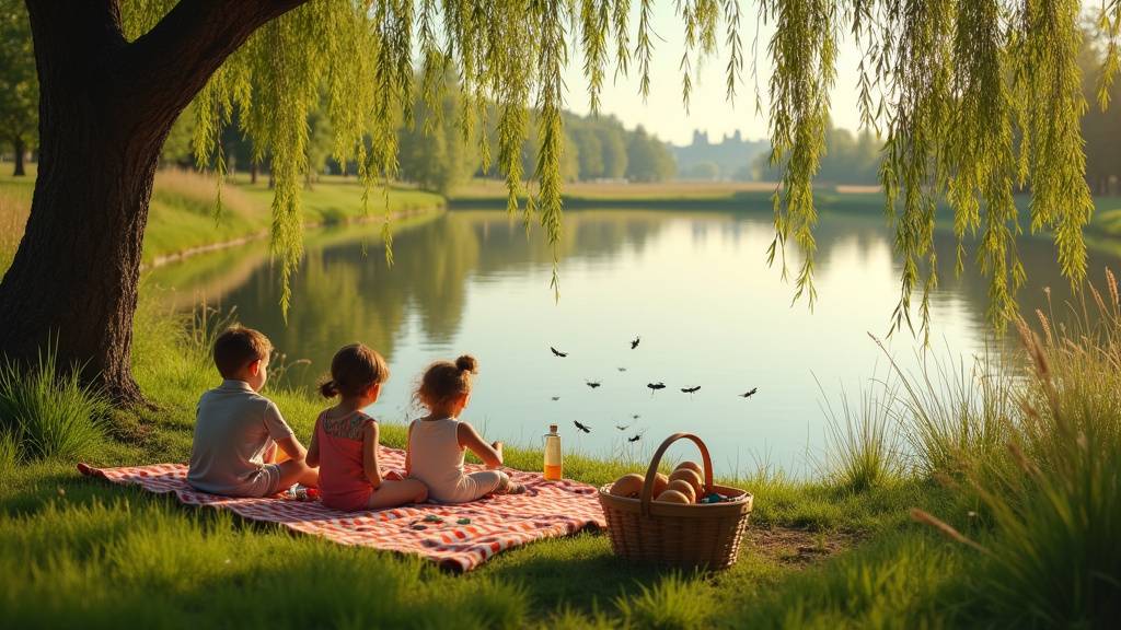 Famille profitant d'un pique-nique sous les arbres près de l'étang de Rambaille