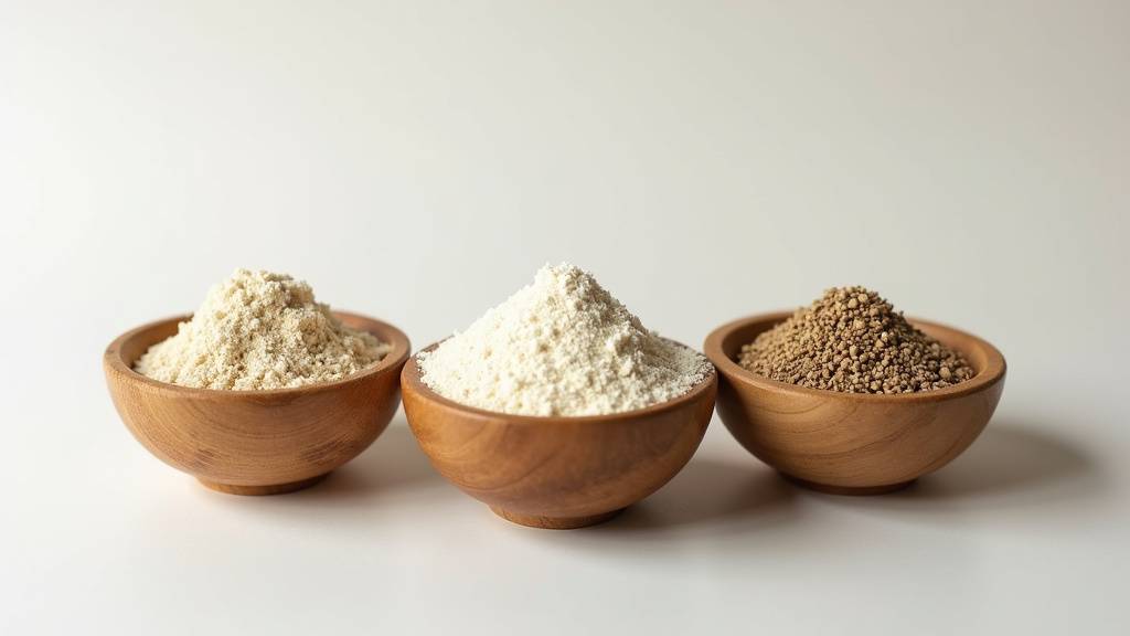 Différents types de farines pour amorce de pêche alignées sur une surface de bois