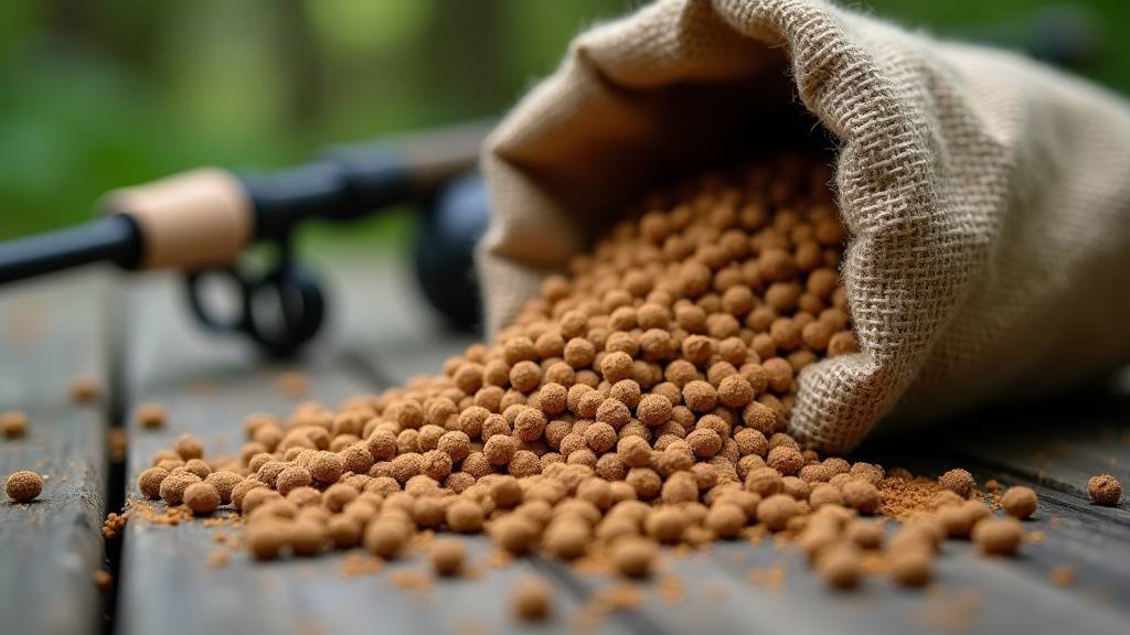 Gros plan sur un assortiment de pellets et de farines de pêche à la carpe, avec des sacs ouverts laissant apercevoir les granulés et la poudre.