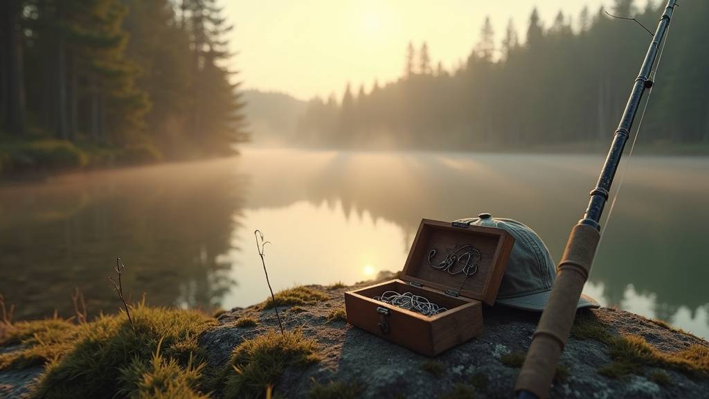 Bord de rivière au lever du soleil, brume matinale sur l'eau - ambiance pêche passion