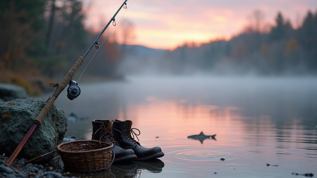 Pêcheur au bord de l'eau au lever du soleil, canne à pêche tendue vers la rivière
