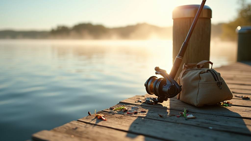 Matériel de pêche disposé sur un ponton en bois au bord d'un lac au lever du soleil - cannes, moulinets et boite de leurres