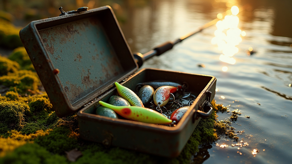 Black-bass attaquant un leurre souple en surface, eau claire avec reflets dorés
