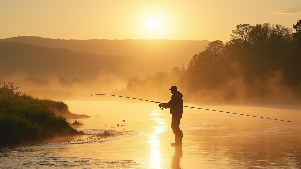 Paysage fluvial de l'Allier en début de matinée, plan d'eau calme avec montagnes en arrière-plan