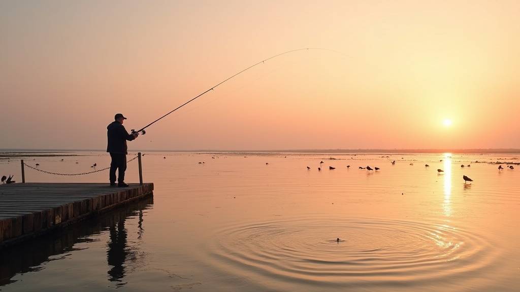 Pêcheur au lancer sur une plage du bassin d'Arcachon au coucher du soleil