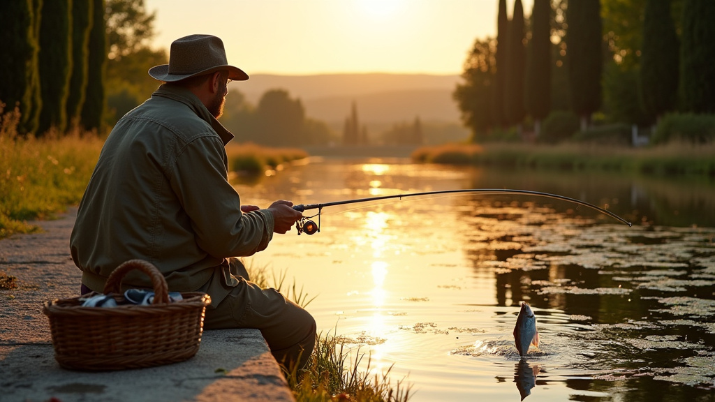 Pêcheur expérimenté sur les berges du Canal du Midi avec un brochet capturé