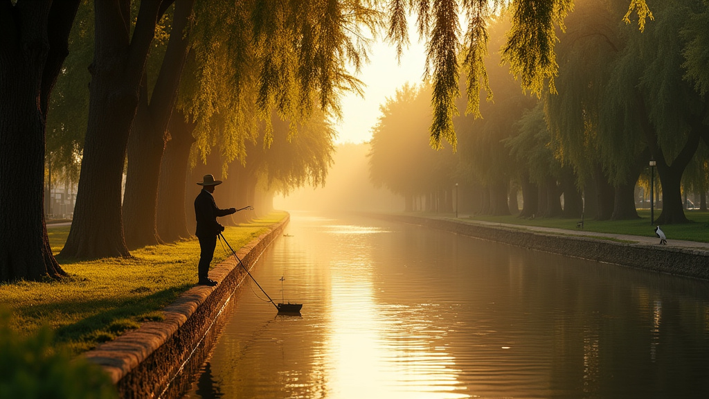 Pêcheur en bordure du Canal du Midi avec canne à pêche, paysage verdoyant en arrière-plan