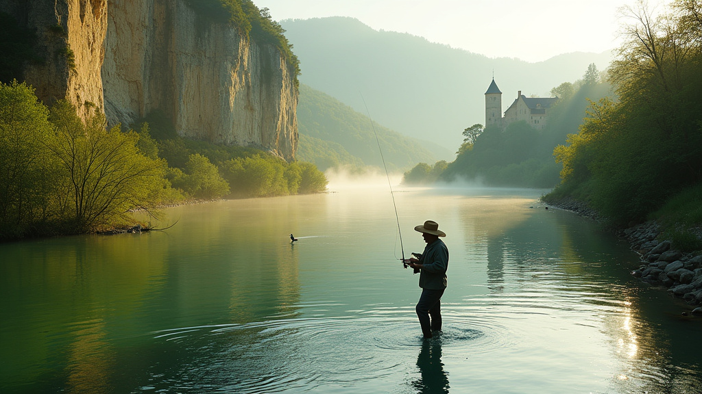 Rivière Dordogne en milieu de journée avec pêcheur à la mouche