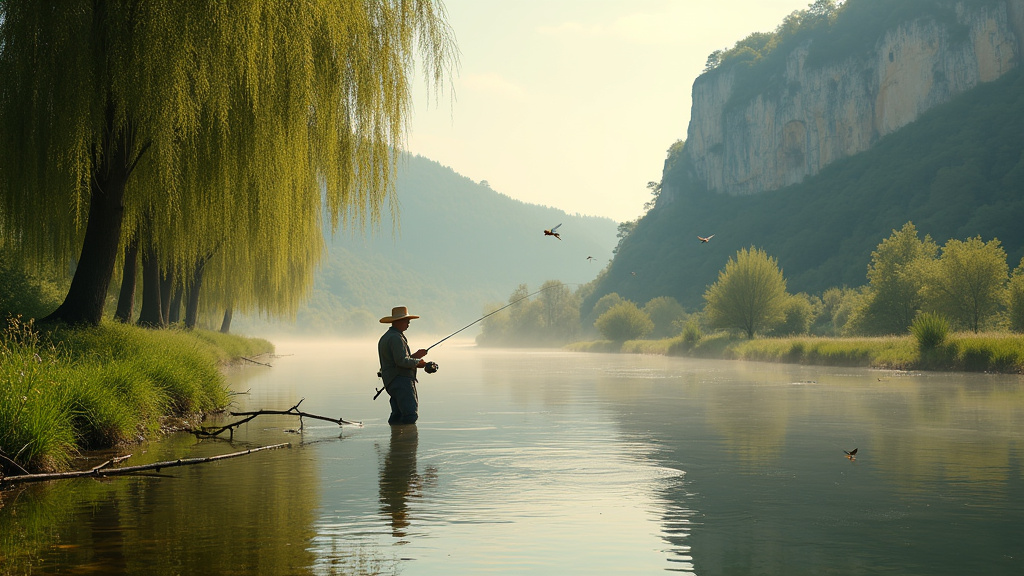 Plan d'eau en Dordogne avec pêcheur en position de combat