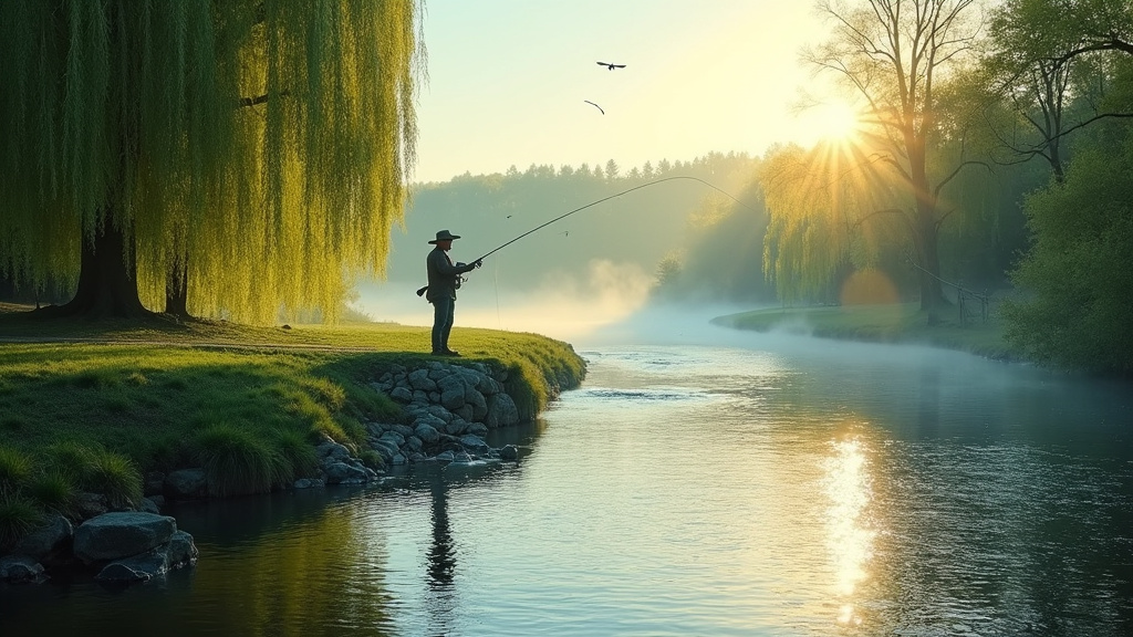 Paysage de la Dordogne avec pêcheur en bord de rivière au lever du soleil
