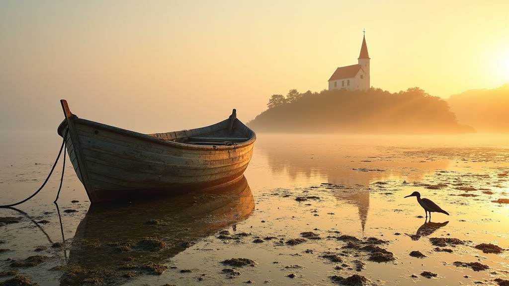 Vue aérienne du Golfe du Morbihan avec ses îles et courants marins au lever du soleil