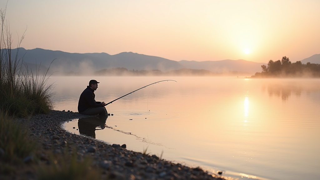 Pêcheur lançant sa ligne dans l'étang de l'Olivier au lever du soleil, reflets apaisants sur l'eau.