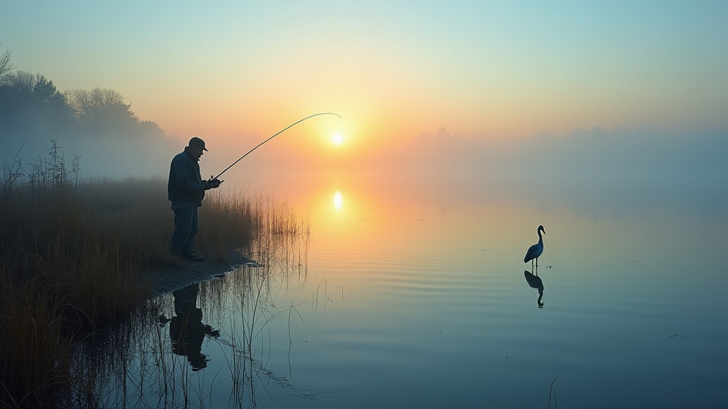 Pêcheur au lever du soleil sur un étang calme, canne à la main, reflet des arbres sur l'eau.