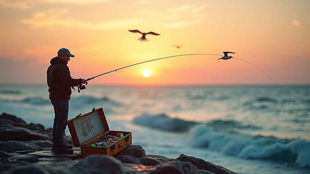 Matériel de pêche aux leurres en mer : canne, moulinet, tresse et leurres alignés sur une digue