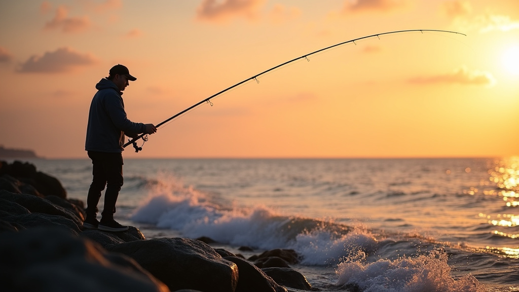Pêcheur en bord de mer sur une digue avec vue sur l'horizon maritime