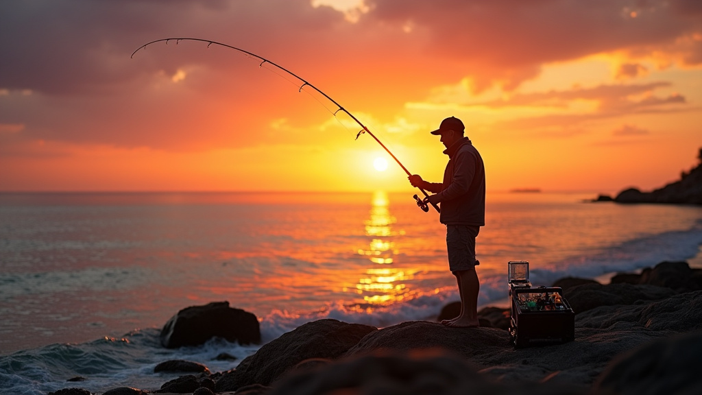 Pêcheur en bord de mer lançant un leurre dans les vagues au lever du soleil