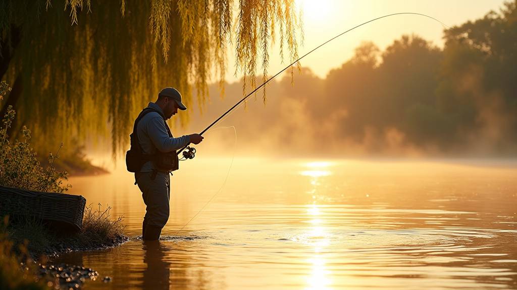Pêcheur en train de pêcher au leurre sur la Loire avec matériel professionnel