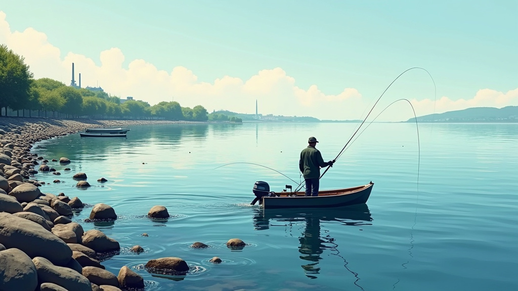 Paysage fleuve Seine au lever du soleil, pêcheur en position sur les berges
