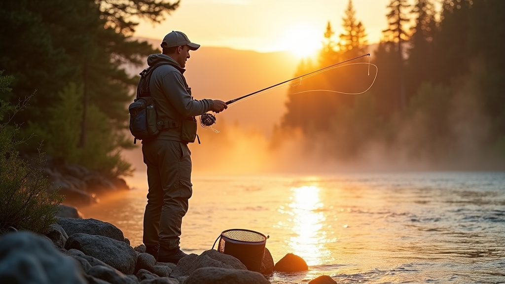 Pêcheur au lever du soleil sur un banc en bois face à l'étang calme
