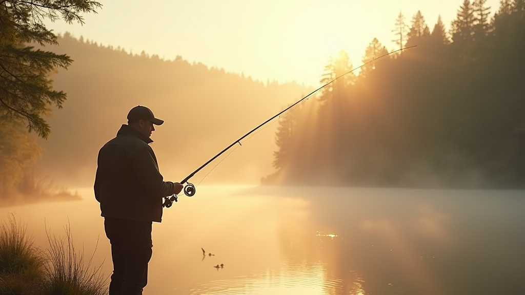 Pêcheur en pleine nature avec canne à pêche, reflet sur l'eau au lever du soleil