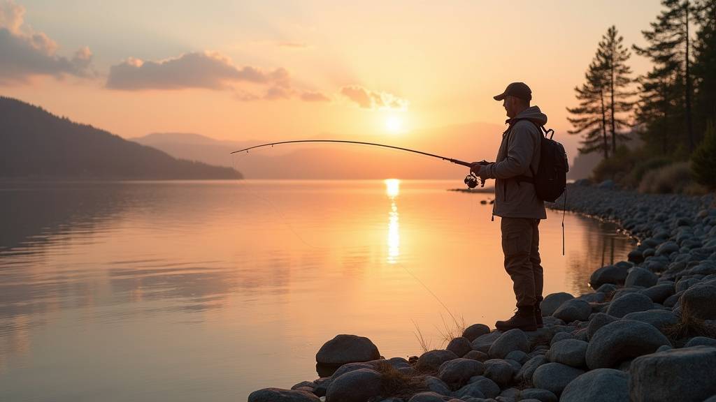 Pêcheur contemplatif au lever du soleil sur un lac calme, symbole de sérénité et de connexion à la nature