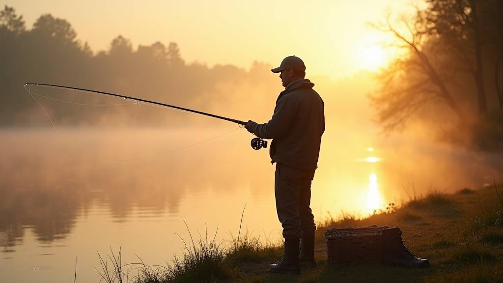 Pêcheur sportif en action, canne à pêche courbée, en train de ramener un poisson dans un environnement naturel et dynamique