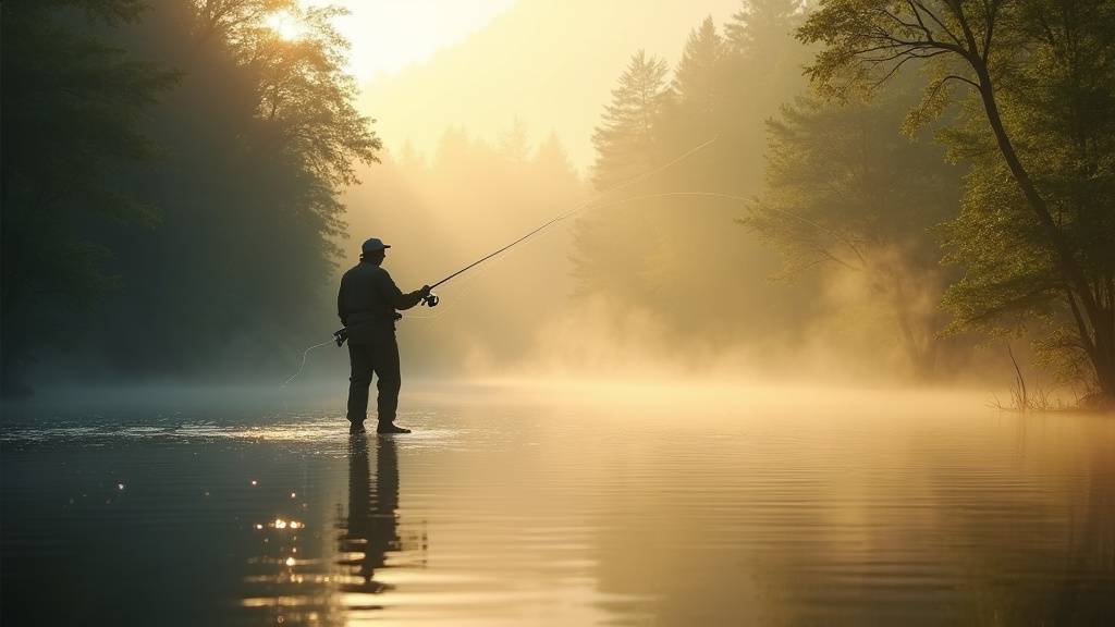 Pêcheur en eau douce, canne à la main, dans un cadre paisible au bord d'une rivière