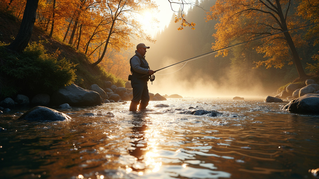 Pêcheur à la mouche sur ruisseau de montagne avec paysage alpin en arrière-plan