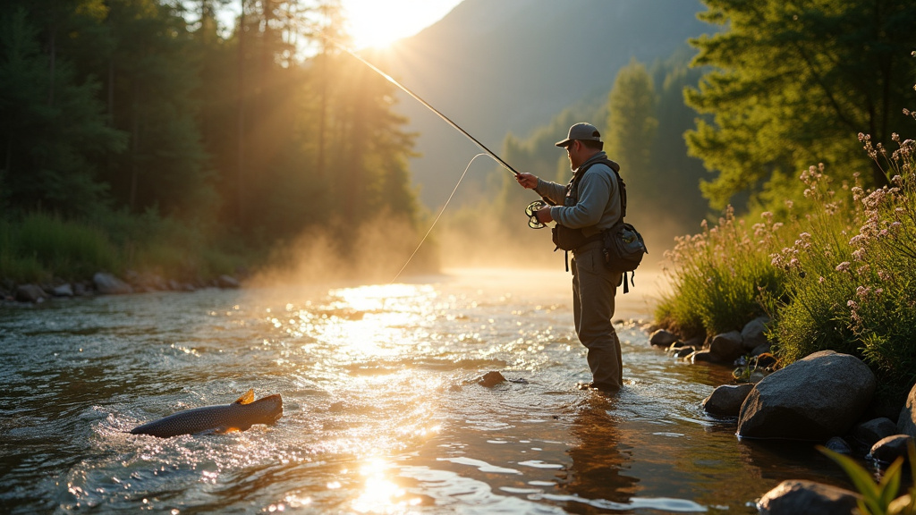 Pêcheur à la truite en bord de rivière sur fond de montagne verdoyante au lever du soleil