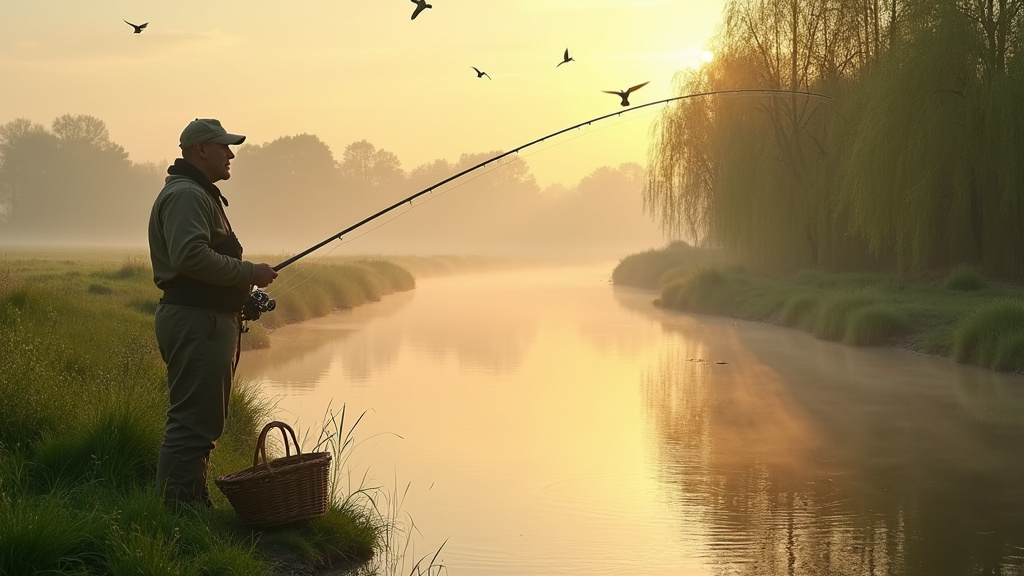Pêcheur en contemplation sur les berges de la Somme au coucher du soleil