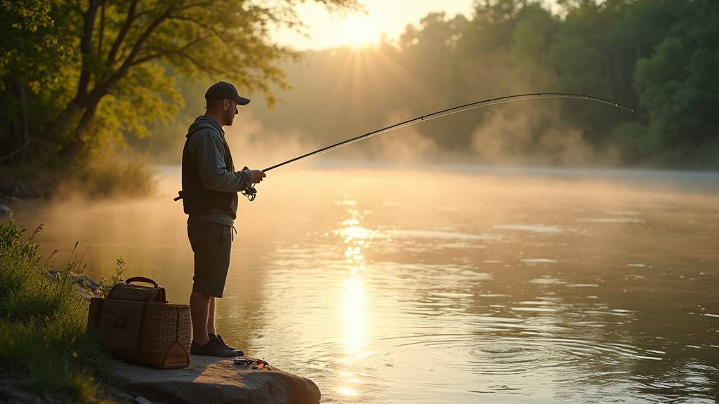 Pêcheur au bord d'une rivière calme avec son matériel