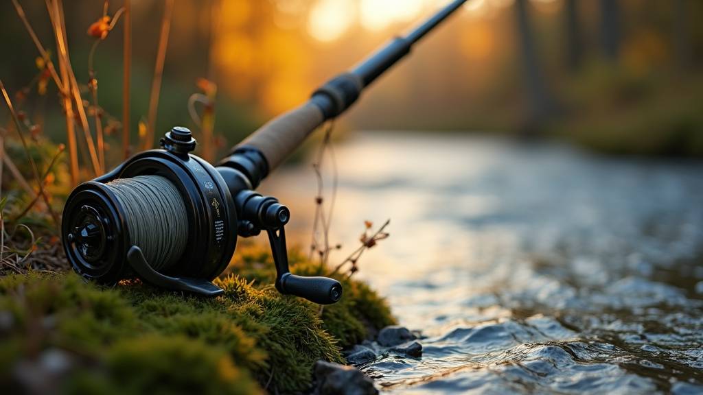 Pêcheur inspectant une canne à pêche spinning sur le bord d'une rivière