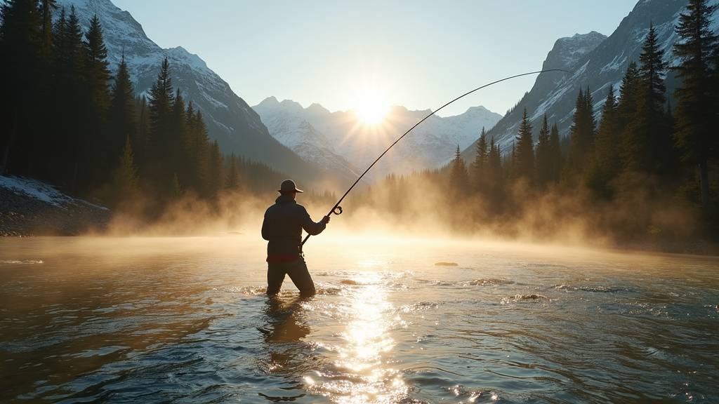 Pecheur randonneur au bord d un lac de montagne avec son sac a dos et sa canne telescopique