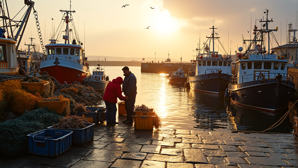 Vue historique du port de Lorient avec les bateaux de pêche traditionnels amarrés aux anciens quais
