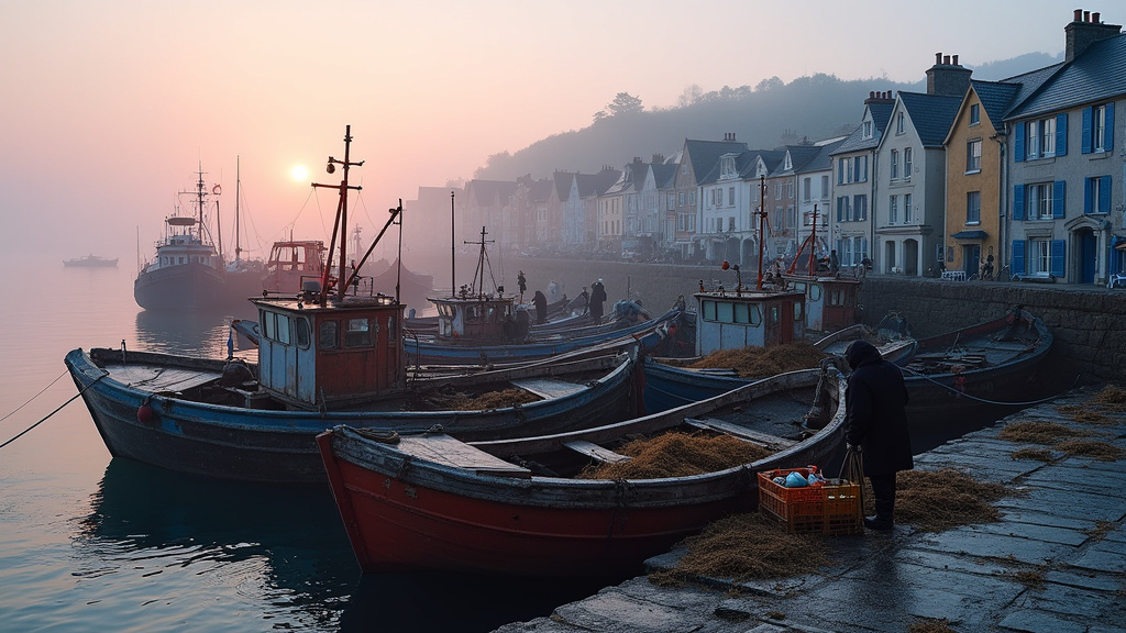 Vue aérienne du port de pêche de Lorient-Keroman avec les bateaux alignés sur les quais et l'activité maritime en arrière-plan