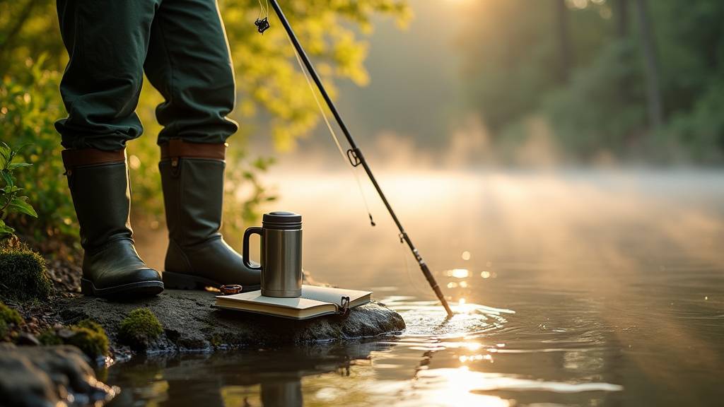 Martino au bord de l'eau avec sa canne à pêche, souriant