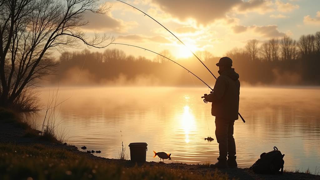 Matériel de pêche à la carpe préparé : rod pod, cannes, détecteurs, épuisette et biwy