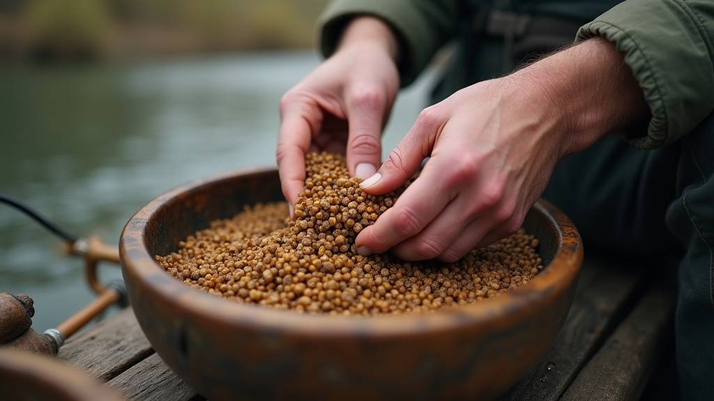 Préparation d'une amorce au bord d'un étang en Bourgogne