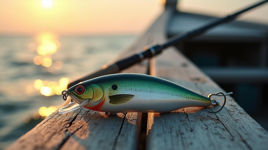 Pêcheur en mer lançant un leurre vers l'horizon, bateau de pêche au large dans un coucher de soleil doré