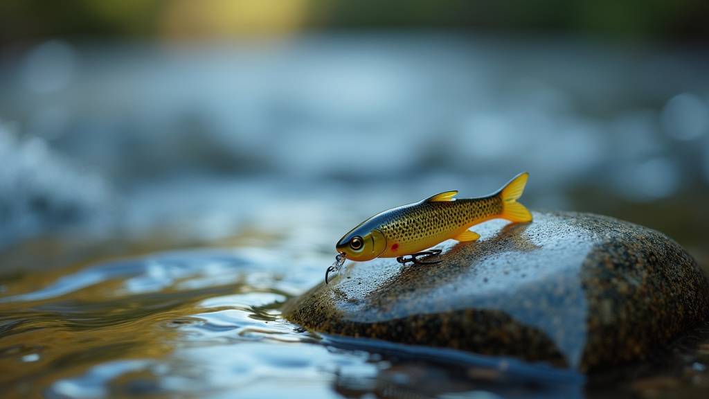 Détail d'un leurre souple finesse pour la truite avec queue en V, posé sur un support de pêche